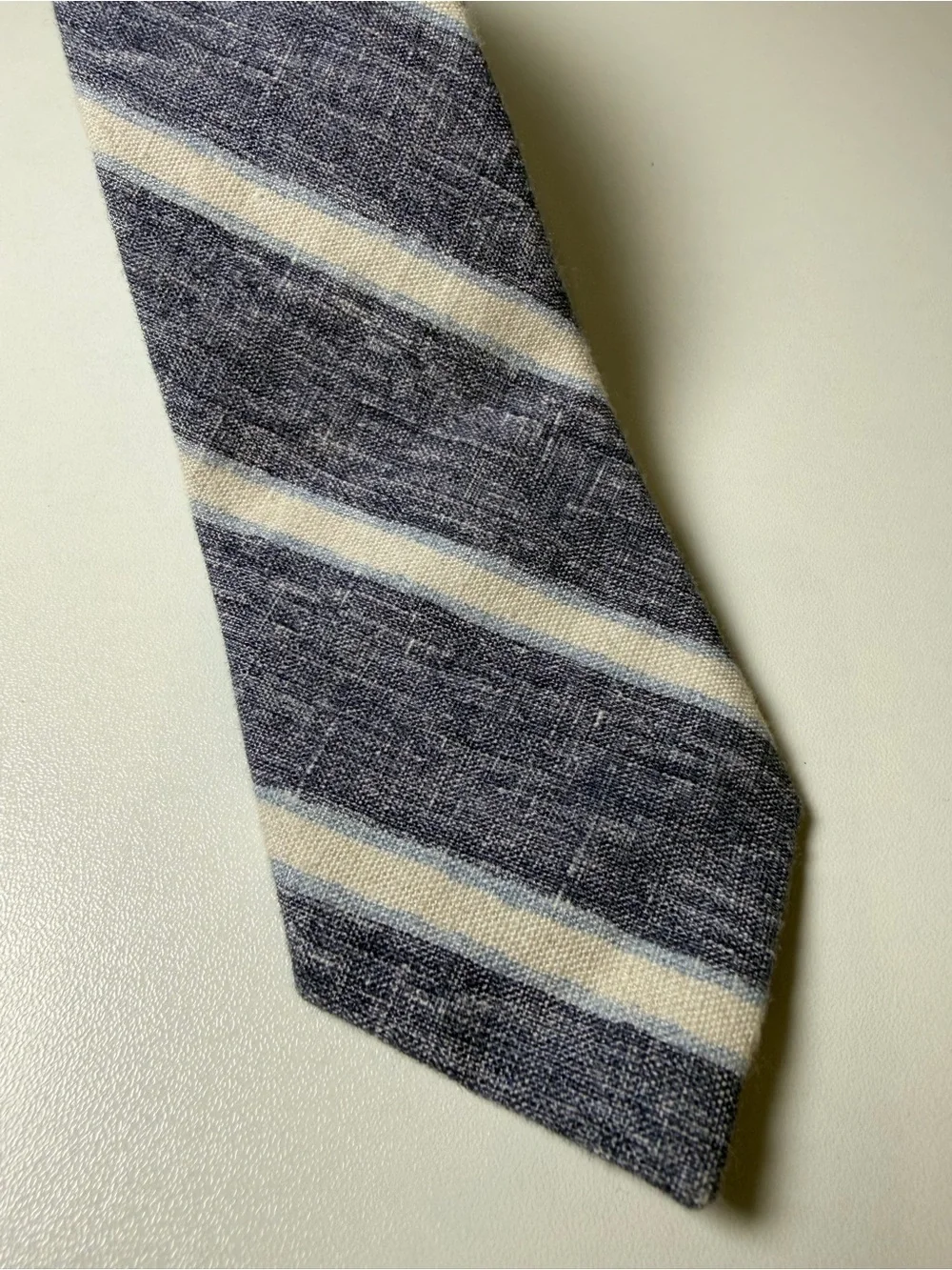 J. Crew Hand Made in USA 100% Linen Navy and White Striped Linen Slim Tie